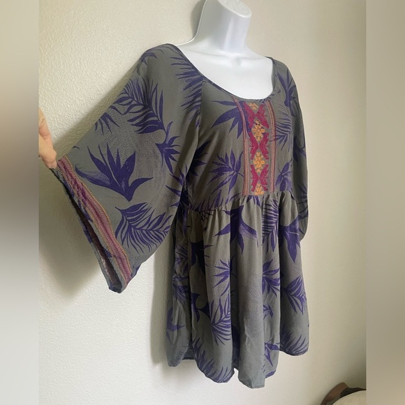 Roxy XS Boho Palm Leaf Blouse Top Olive Purple Bell Sleeve Embroidered Tunic - Picture 7 of 10